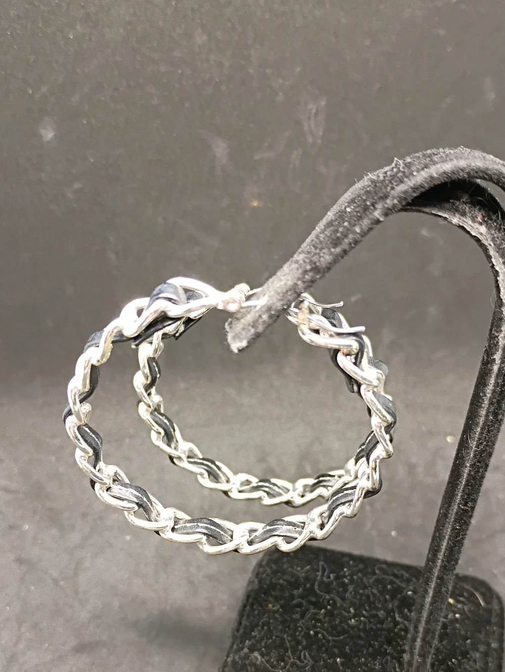 Silver Chain Hoop Earrings with Black Inlay